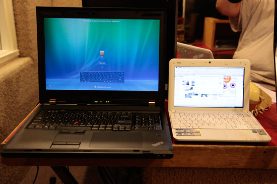 As an interesting size comparison, here's a 10-inch MSI Wind (right) sitting next to the 17-inch Lenovo W700 (left). Shot while we were on the air.